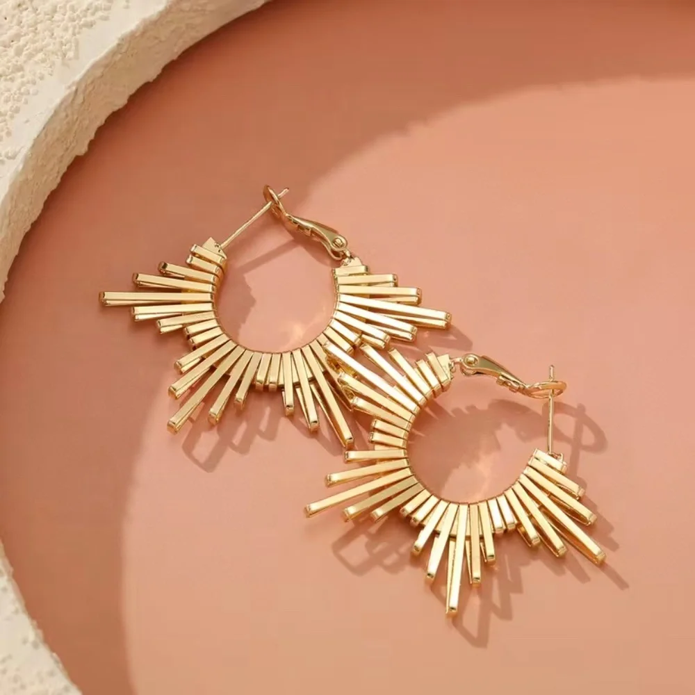 Gold Sunburst Hoop Earrings | Statement Radiating Fan Design